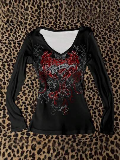 Attitoon Áo thun dài tay ôm sát cổ chữ V in hình cánh trái tim đa năng cho nữ, phù hợp mặc ở sân bay vào mùa thu/đông