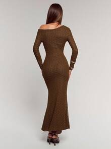 SHEIN BAE Vestido feminino elegante, cor sólida, ombro assimétrico, manga comprida, franzido, bainha rabo de peixe - Castanho - Ver 2