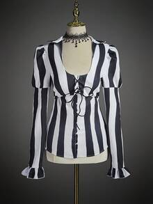 SHEIN ICON 女式万圣节夸张条纹泡泡袖哥特式上衣 - 黑與白 - 查看 1