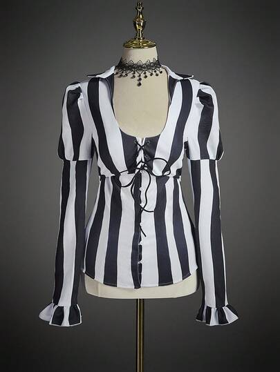 SHEIN ICON 女式万圣节夸张条纹泡泡袖哥特式上衣