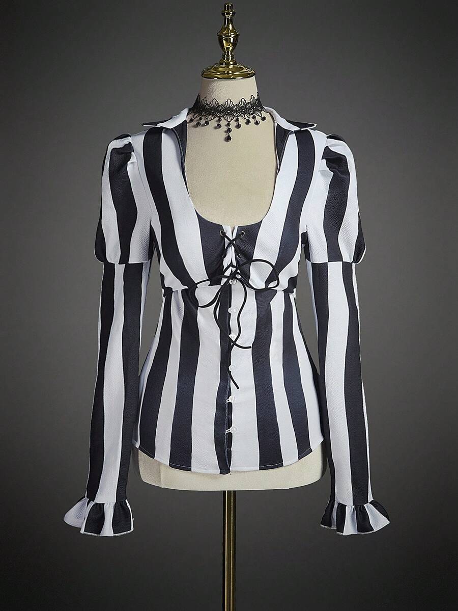 SHEIN ICON 女式万圣节夸张条纹泡泡袖哥特式上衣 - 黑與白 - 查看 1