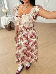 Dreamara Plus Size Women's Romantic Vintage Lace Cap Sleeve Floral Print Cinched Waist Maxi Dress, Spring,Beach Dress Sundress,Holiday Outfits Boho - Multicolor - View 5