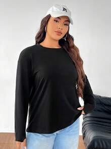 SHEIN EZwear Plus Size Women's Solid Color Round Neck Loose Long Sleeve Casual T-Shirt, Spring/Summer - Black - View 5