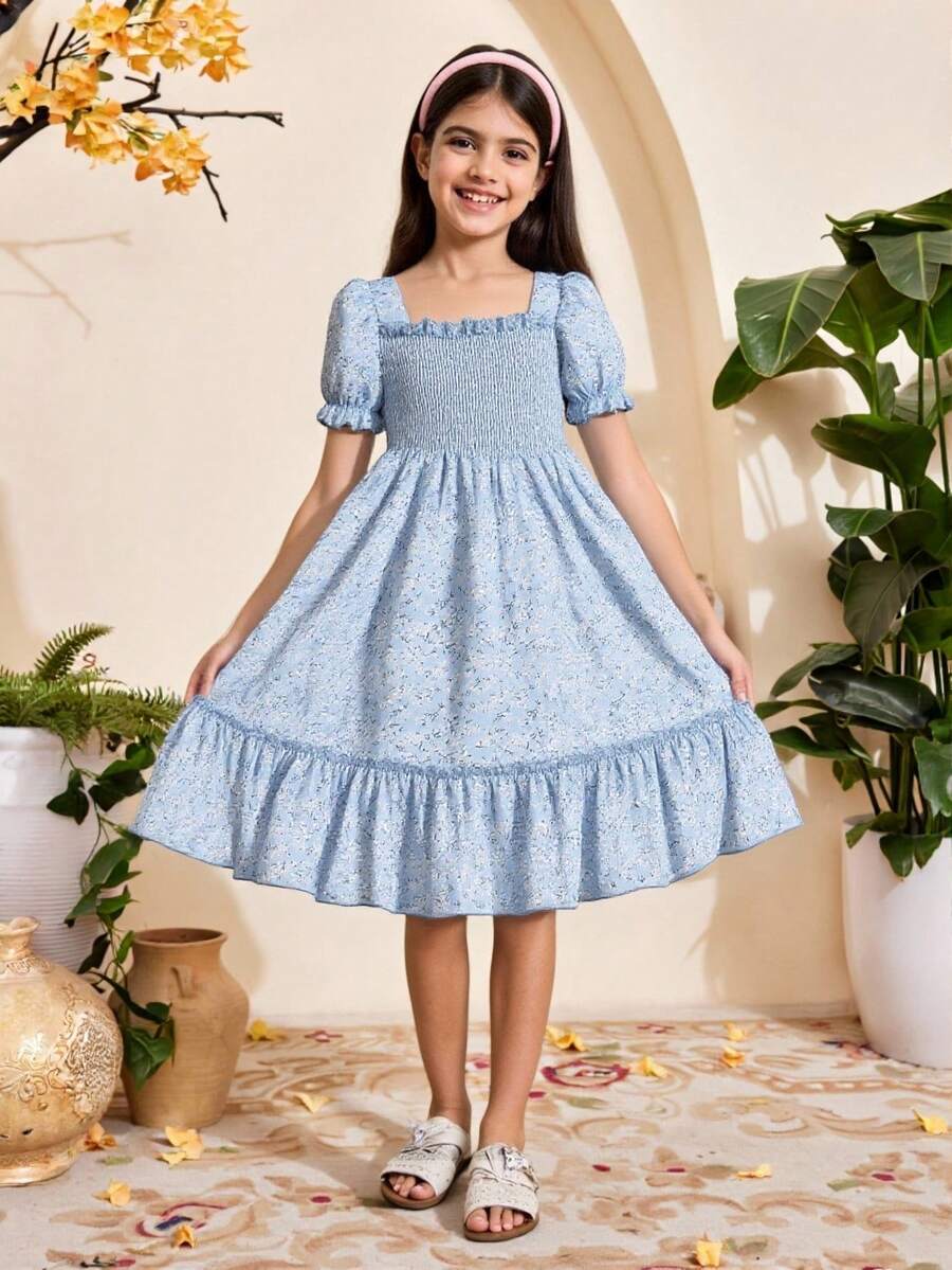 SHEIN 青少女小花束印花帶褶皺袖子、荷葉邊圓裙子