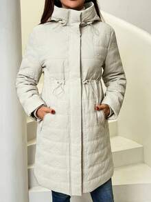 SHEIN Maternity Solid Color Raglan Long Sleeve Drawstring Waist Hooded Warm Casual Jacket - White - View 5