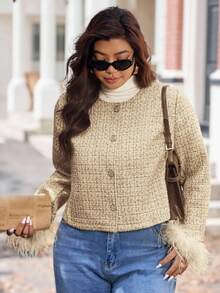 Vionelle Plus Size Elegant Commuter Faux Fur Cuff Cropped Jacket Fall Winter Cloth For Women Winter Autumn - Multicolor - View 5