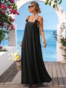 Vivid Eden Gaun Wanita dengan Tali Bahu Motif Bunga 3D - Hitam - View 6