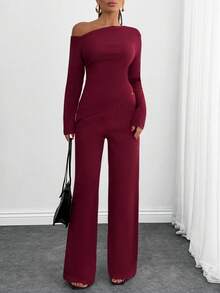 SHEIN Cottnline مجموعة قطعتين كاجوال غير متماثلة للنساء باللون البرغندي - عنابي اللون - مشاهدة 1