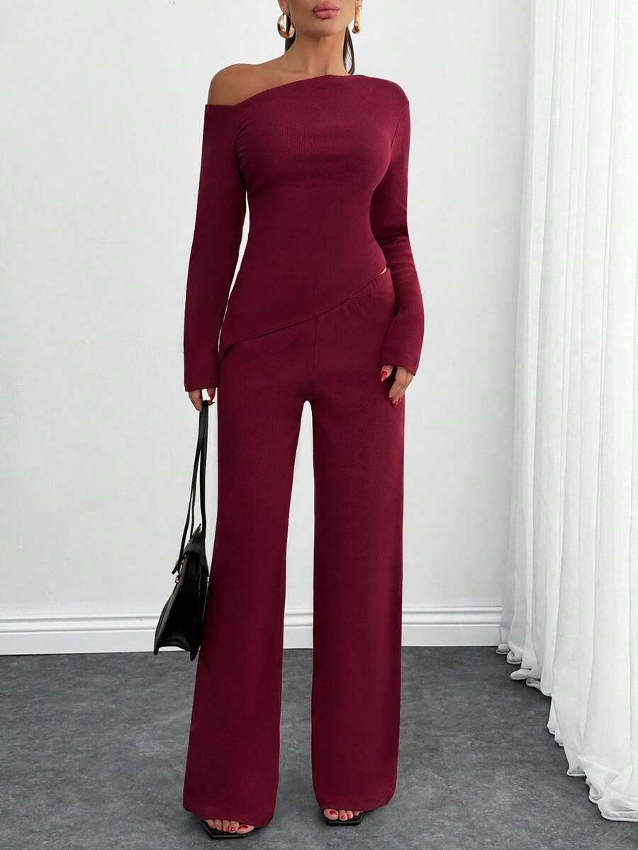SHEIN Cottnline مجموعة قطعتين كاجوال غير متماثلة للنساء باللون البرغندي - عنابي اللون - مشاهدة 1
