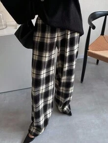 FRIFUL Calça feminina xadrez de pernas largas com forro térmico em cores contrastantes, ideal para o outono e Halloween. Pernas largas e forro térmico para o inverno. - Cinza - Ver 4