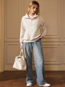 Écloséra 法式复古领拉链设计时尚休闲女士卫衣，秋冬 - 卡其色 - 查看 5