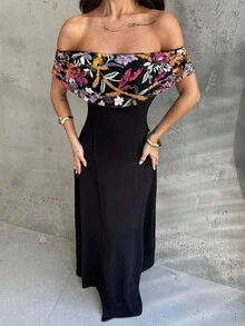 Aloruh 女士花卉亮片露肩连衣裙，优雅迷人 - 黑色 - 查看 5