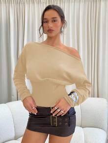 Aloruh Women's Autumn/Winter Exposed Shoulder Asymmetrical Shoulder Long Sleeve Tight Ribbed Brown Sweater,Fall - Apricot - View 4