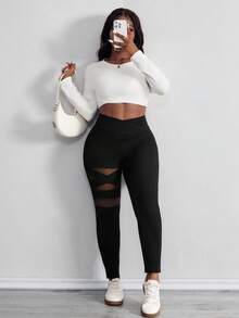 SHEIN PETITE CURVE Quần legging màu trơn cơ bản hàng ngày cỡ lớn dành cho nữ Quần legging màu đen dành cho nữ Quần legging bó cho nữ Quần legging bó - màu đen - Xem 5