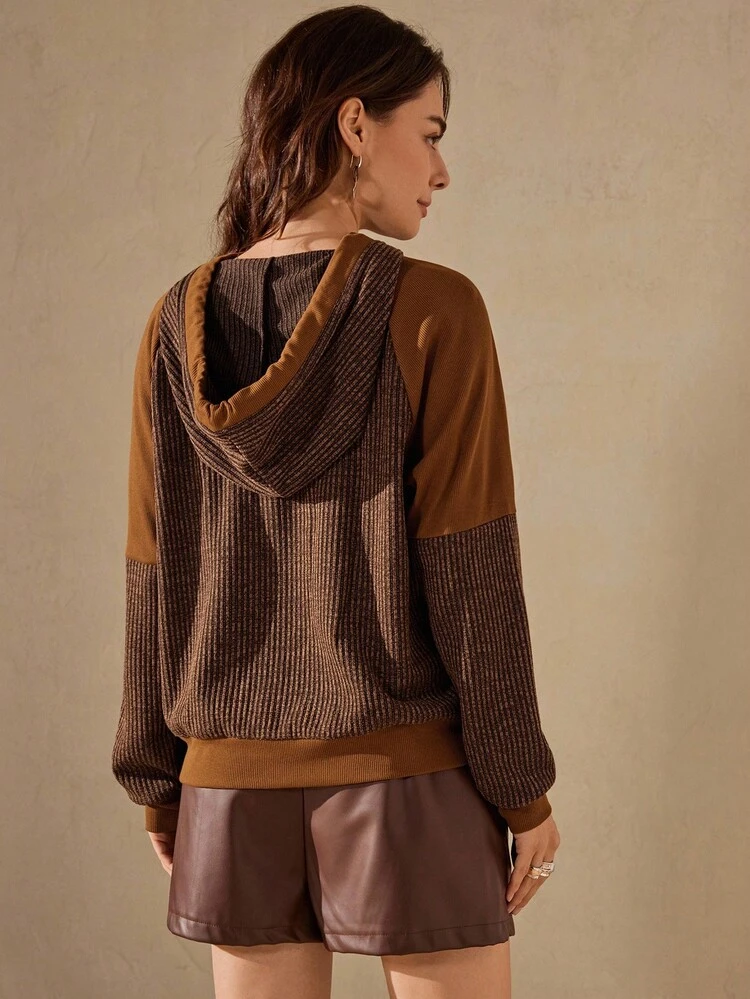 Wildy Women's Autumn/Winter Water-Soluble Lace Patchwork Ribbed Casual Brown Hooded Sweatshirt - Mocha Brown - View 3