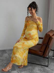Momance Adjustable Waist Off-Shoulder Long Sleeve Tie-Dye Print Elegant Maternity Dress - Yellow - View 4