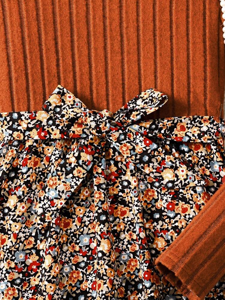 SHEIN Vestido de niña preadolescente de manga larga con cuello redondo, tejido en color marrón, estilo bohemio, con parches y estampado floral pequeño, adecuado para otoño e invierno, vestido de invierno para vacaciones, vestido de largo medio para niñas - Marrón - Ver 4