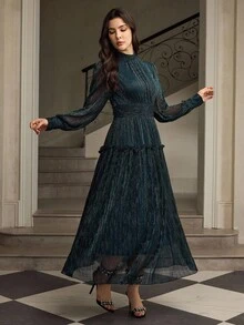 ZEYLAH 女式立领长袖亮面褶腰A字连衣裙，优雅秋冬装 - 藍色 - 查看 4