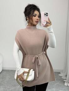 Rafferiza Autumn/Winter New High Collar Mid-Length Tie-Up Elegant Casual Knitted Sweater Dress For Women - Camel - View 1