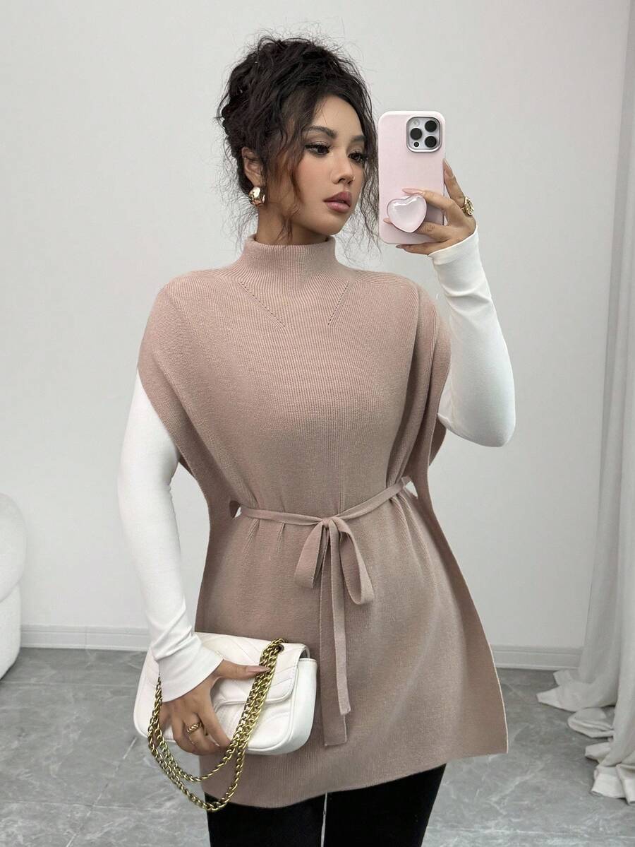 Rafferiza Autumn/Winter New High Collar Mid-Length Tie-Up Elegant Casual Knitted Sweater Dress For Women - Camel - View 1