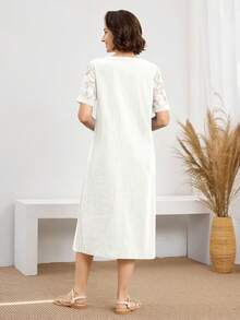 Miaspire 女士休闲V领蕾丝拼接中长连衣裙 - 白色 - 查看 5