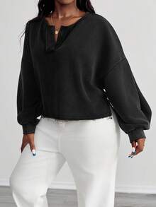 SHEIN PETITE CURVE Women's Casual Solid Color V-Neck Long Sleeve Loose Pullover Sweatshirt In Fall/Winter - Black - View 5