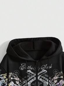 ROMWE Grunge Punk Moletom Unissex Vintage de Subcultura de Rua Y2K com Estampa de Pistola e Asa com Strass e Caimento Solto - Preto - Visão 3