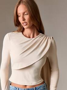 AiiRZ 披肩垂坠长袖上衣 不对称分层设计 圆领 秋冬时尚宣言 - 杏色 - 查看 5