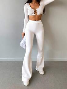 女性高腰喇叭褲 - 白色 - 查看 3