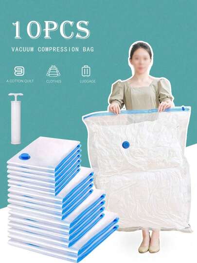 10pcs Vacuum Compression Bags - Dual-Valve Sealing Storage Bags, Hand Pump Included For Travel Clothing, Bedding, Comforter, Pillows, Blankets, Space Saver For Home, Dorm, Closet, Bedroom, Bathroom, Luggage Decorations Decor Festival Decor Room Decor Home Decor Bed Room Decor, Room Decorations, Decorations, Decor, Storage, Organizer Bedroom, Organizer, Home Storage, White T Shirt Women, Black Pants Women, Ladies Winter Clothes, Dress,
