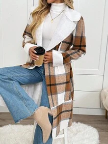 SHEIN LUNE Women's Casual Plaid Thermal Lined Pocket Lapel Coat Fall Winter Women's Winter Coat Casual Work Fall Winter - Multicolor - View 12