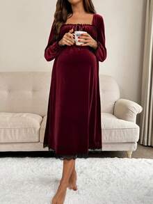 SHEIN Maternity Velvet Square Neck Lace Trim Tie Front Dress - Burgundy - View 3
