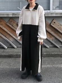 FRIFUL 女式宽松拼色仿羊毛Polo领长款连衣裙 - 黑與白 - 查看 3