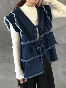 FRIFUL Jaket Denim Kasual Wanita Warna Polos dengan Detail Rumbai, Leher V, Tanpa Lengan, dan Hem Bergelombang - Biru - View 4