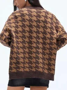 GENKIRA 棕色和咖啡色复古提花千鸟格纹休闲中长款开衫，百搭学院风，适合女性 - 棕色 - 查看 2