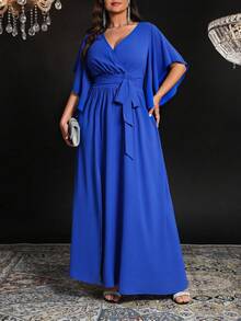 SHEIN CURVE+ 加大码女式 V 领褶饰腰部开衩下摆梭织连衣裙，优雅派对装 - 寶藍色 - 查看 3