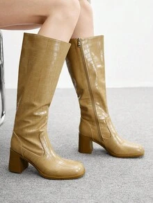 CUCCOO BIZCHIC Bốt cao đến gối thời trang dành cho nữ, mũi vuông, gót dày, họa tiết đá màu be, khóa kéo bên hông, đa năng kết hợp với váy, quần jean, áo khoác, phù hợp cho mùa thu/đông, trình diễn thời trang, đi làm, bốt dài thời trang dành cho nữ - Màu be - Xem 5