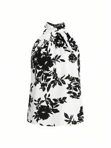 Ellevyn 大码印花无袖上衣和黑色阔腿裤优雅两件套 - 黑色 - 查看 5