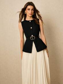 Poéselle 女士纯色圆领无袖前扣时尚百搭西装套装秋冬女装 - 彩色 - 查看 4