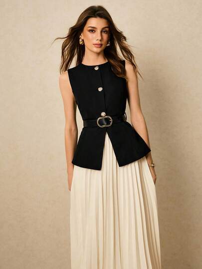 Poéselle Women's Solid Color Round Neck Sleeveless Front Button Fashionable Versatile Suit Set Summer Clothes For Women, Pleated Skirt Set, Vest And Skirt Set Corporate Formal Black Elegant