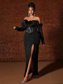 Maweii Vestido de hombros descubiertos para mujer de talla grande, con adorno de peluche sintético y rhinestones, abertura sexy, elegante para fiesta, cumpleaños, uso diario, color negro - Negro - Ver 8