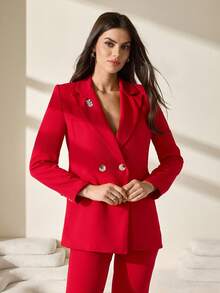 CLARA VERO Women Solid Color Suit Sets Blazer Jacket And Pants Rhinestone And Button Front Detailed - Red - View 6