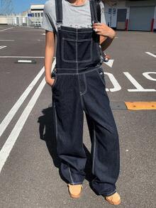 DAZY 女士宽松休闲纯色大口袋牛仔背带裤 Y2k