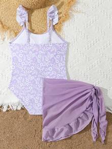 1pc Tween Girl Random Print One-Piece Swimsuit - Mauve Purple - View 2
