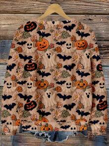 EMERY ROSE Halloween Ghost, Bat, Pumpkin Print Plus Size Women Casual Loose Fit Crew Neck Long Sleeve Pullover Sweatshirt, Autumn/Winter Fall Ghost Print Sweater Fall Sweater Bat Sweater Halloween Sweater Pumpkin Sweater Autumn Print Cardigan Fall Tops Fall Shirts Artwork Print Design Sweater Ladies Long Sleeve Sweater - Multicolor - View 2