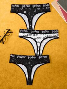 HARRY POTTER X SHEIN 女士舒适时尚全身印花字母带丁字裤 - 黑與白 - 查看 2