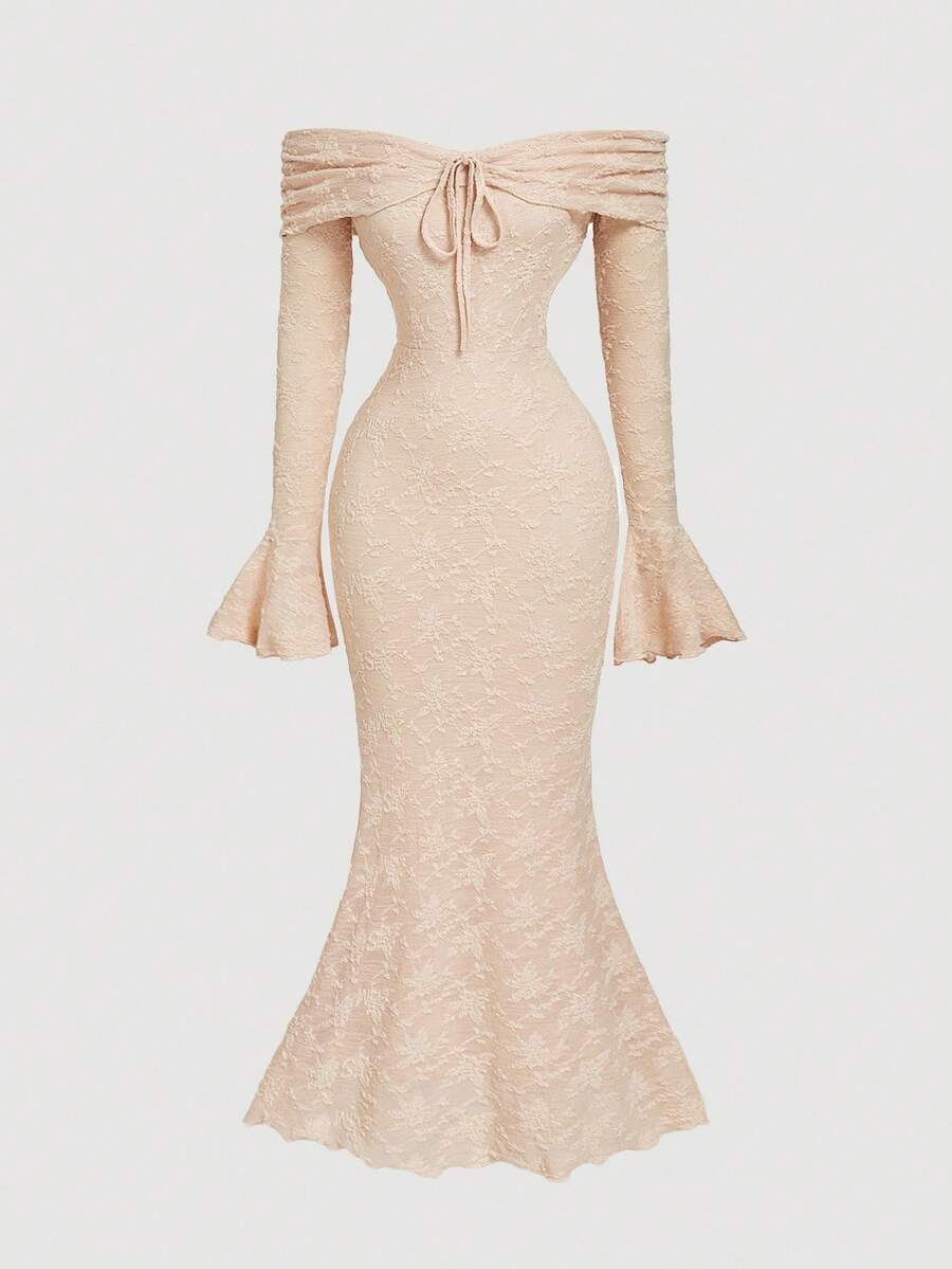 SHEIN MOD Váy bó sát tay dài trễ vai buộc dây phía trước cho nữ, Đầm dự tiệc năm mới cho nữ, Đầm dự tiệc năm mới, Ngày lễ tình nhân - Màu be - Xem 1