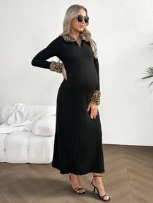 SHEIN 豹纹拼布兔毛针织孕妇装，复古优雅高端修身经典黑领连衣裙 - 黑色 - 查看 6