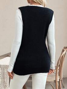 SHEIN Maternity Solid Color Deep V-Neck Dual Pocket Casual Loose Knit Vest, Autumn/Winter - Black - View 3