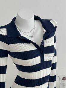 SHEIN Unity 女式休闲翻领蓝白条纹针织连衣裙，秋冬 - 藍白色 - 查看 5